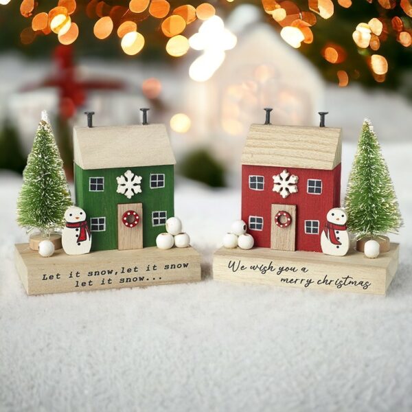 Wooden House With Tree & Snowman Mix (Set f 2) - Image 2