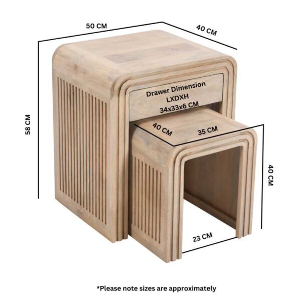 Hudson Carved Mango Wood Nest of 2 Tables with Drawer - Image 3