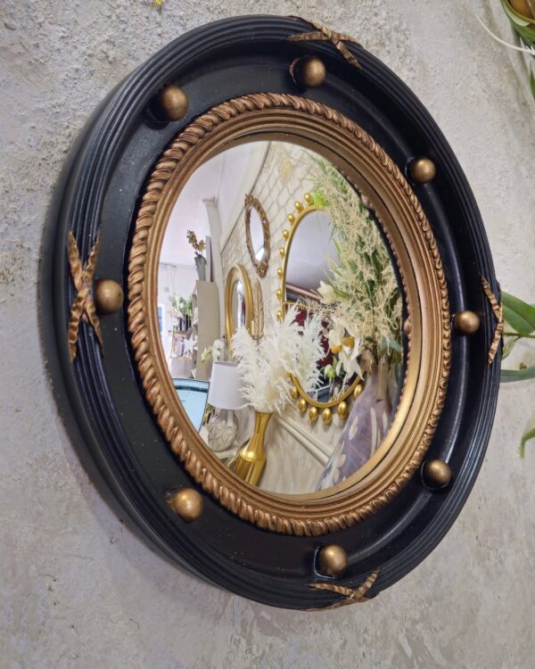 Large Black & Antique Gold Framed Porthole Convex Mirror - Image 2