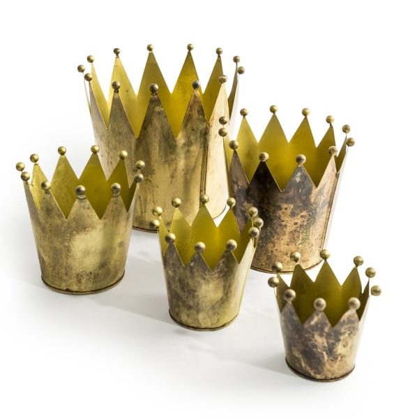 Set Of 5 Antique Gold Metal Crown Planters