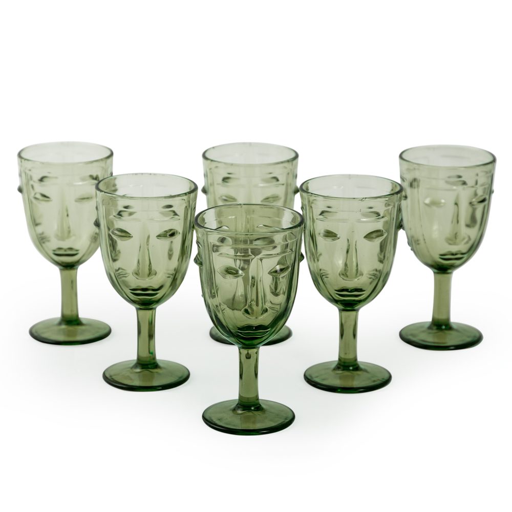 Set Of 6 Green Deco Face Wine Glasses