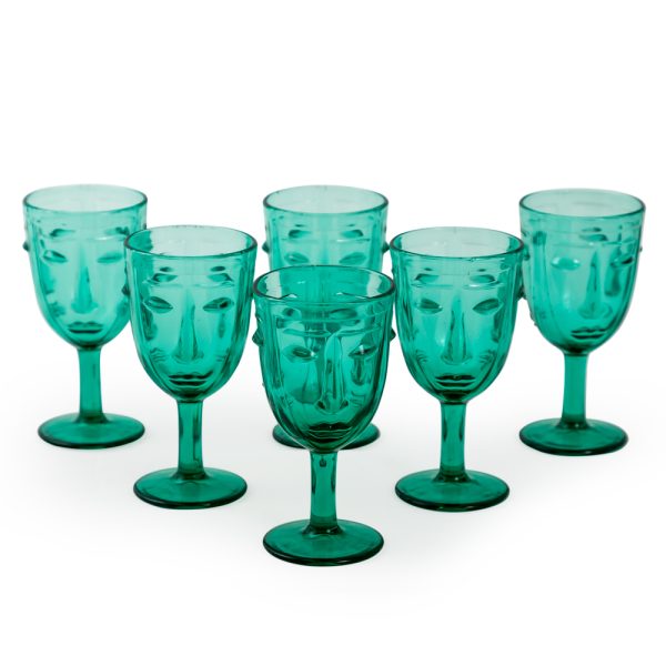 Set of 6 Teal Deco Face Wine Glasses