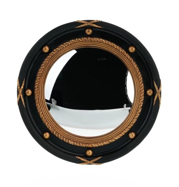 Large Black & Antique Gold Framed Porthole Convex Mirror