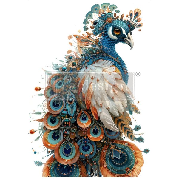 A1 Fiber Decoupage Paper Steam Wing Majesty by Redesign With Prima with colorful peacock and intricate steampunk design for furniture and décor