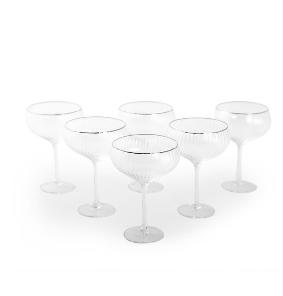 Large Champagne Coupe Glasses With Silver Rim | Set Of 6