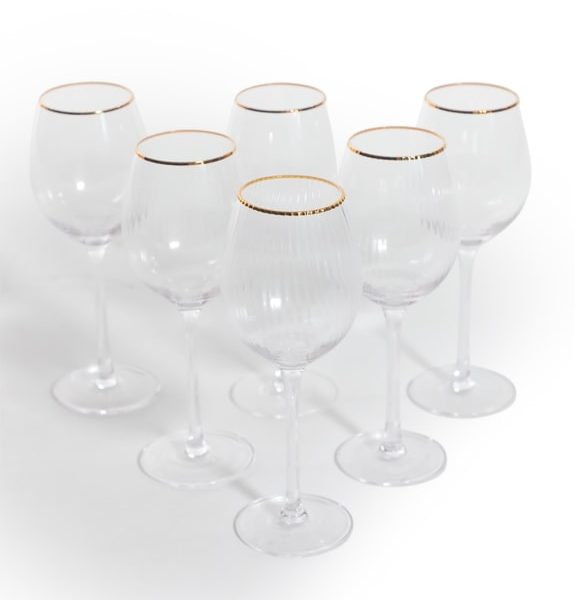 Set of 6 Traditional Wine Glasses with Gold Rims