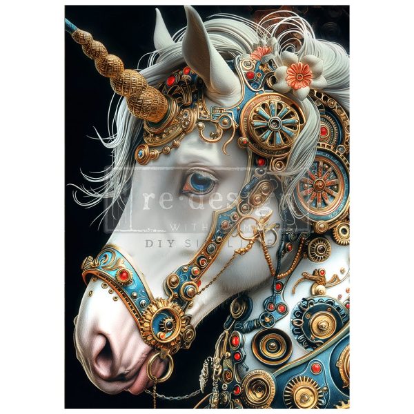 A1 Fiber Decoupage Paper Technicorn by Redesign With Prima with magical unicorn and intricate steampunk design for DIY décor