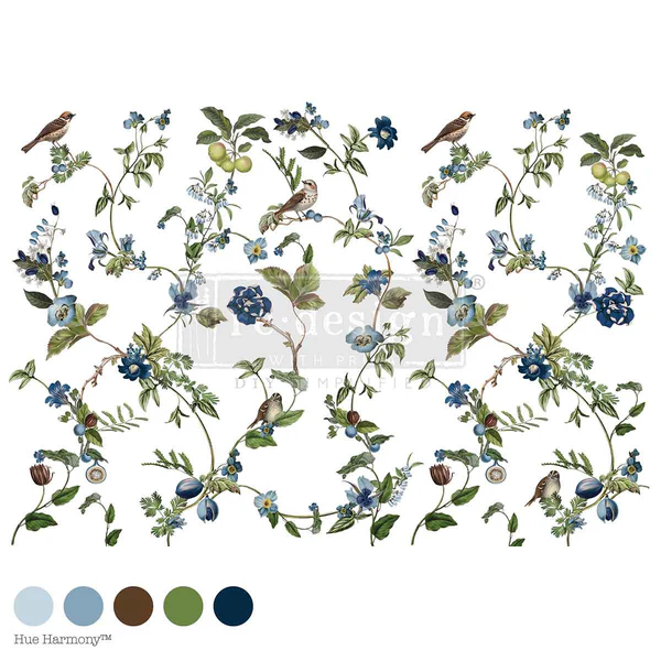 Chirping Charm decor transfer by Redesign with Prima featuring blue florals, leafy vines, and songbirds in a soft blue-green palette.