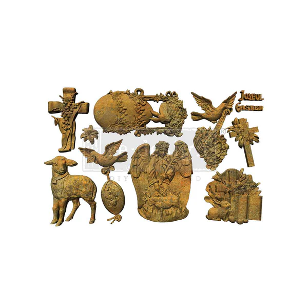 Eternal Spring silicone mould set with doves, crosses, lilies, lambs, ornate eggs, and angels
