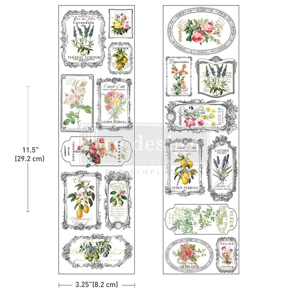 “Two sheets of Fleur De Frame Prima Lux Transfers, featuring raised botanical designs, vintage floral labels, orchard fruits, and ornate frames, 3.25 by 11.5 inches each.”