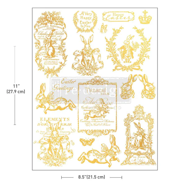 “Water-slide H2O transfer sheet with radiant Easter designs, including crowns, botanical details, and vintage-style rabbits for glass, ceramics, candles, and furniture.”