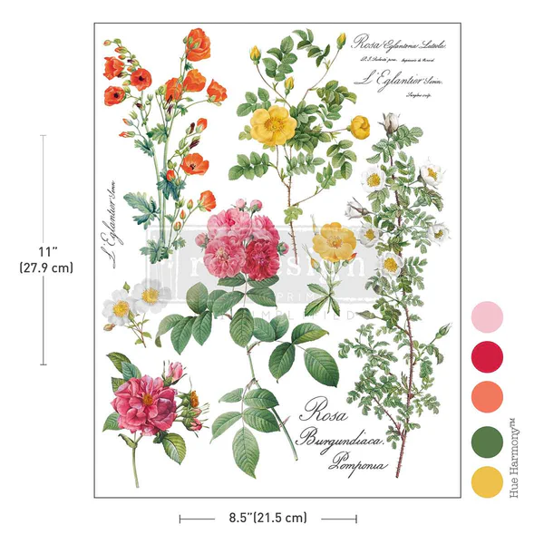 “Poetry In Petals Prima H20 Decor Transfer featuring water-slide roses, wildflowers, and delicate stems in vintage hues, 8.5 by 11 inches.”