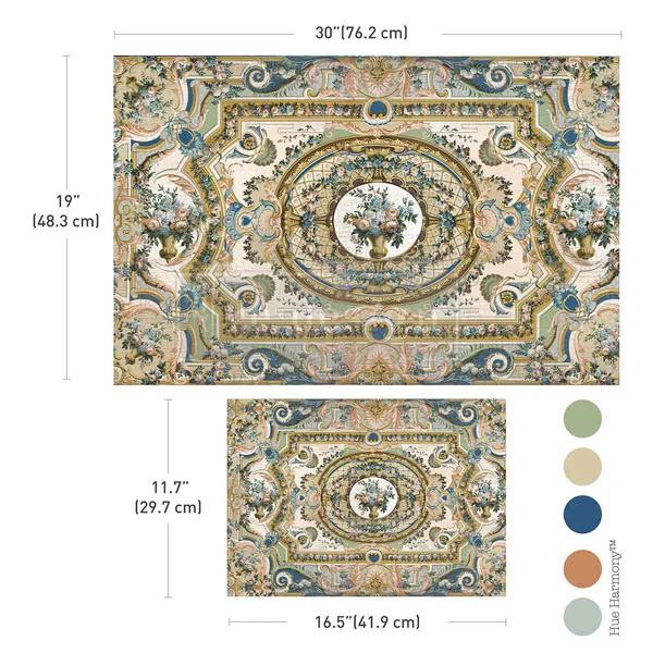 Serenade In Blue Redesign with Prima A3 Decoupage Tissue Set featuring ornate scrollwork, floral centerpieces, and painterly blue, green, cream, and terracotta textures