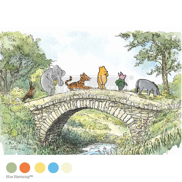 Willowmist Meadow A3 decoupage fiber paper featuring woodland animals crossing a stone bridge in a soft vintage illustration style.
