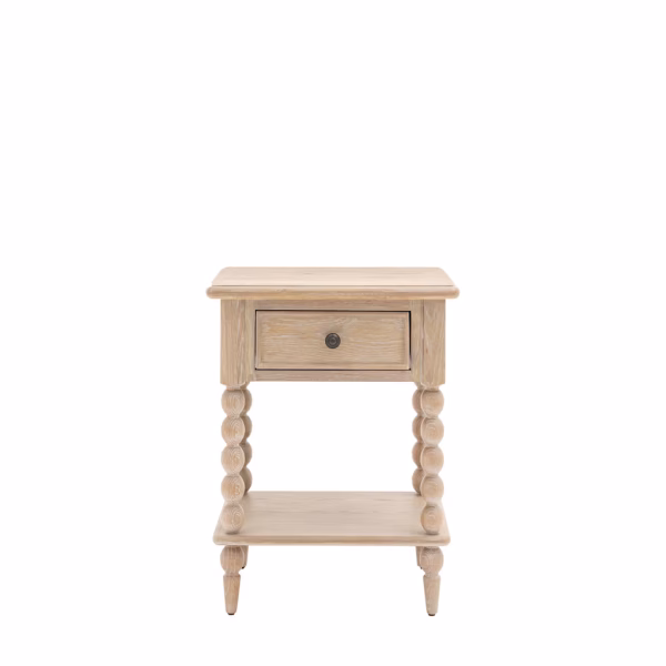 Artisan limewashed oak 1 drawer bedside table with hand-turned bobbin posts