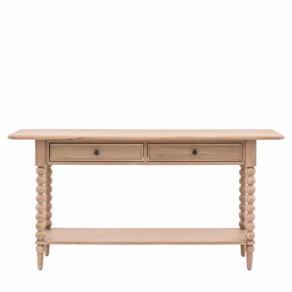 Artisan limewashed oak 2 drawer console table with hand-turned bobbin posts