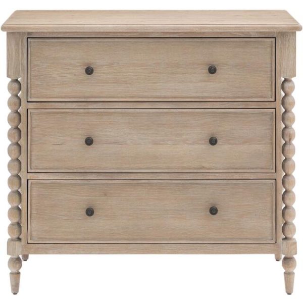 Artisan limewashed oak 3 drawer chest with hand-turned bobbin posts