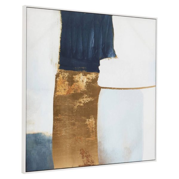 Abstract blue wall art featuring rich navy and cobalt tones highlighted with shimmering gold foil detailing, creating a modern and elegant composition.