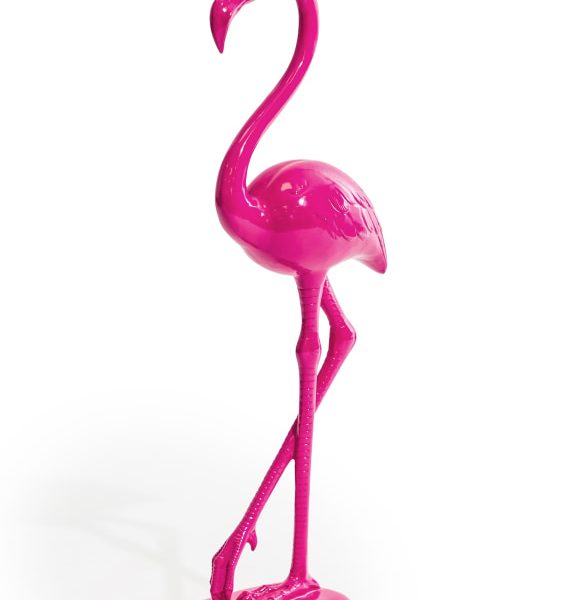 Electric pink standing flamingo figure made of resin, featuring a sleek upright pose with long legs and detailed feather texture; dimensions 62 cm high, 23 cm wide, and 11.5 cm deep.