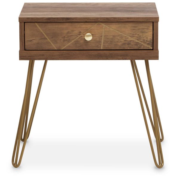 Modern side table featuring a single storage drawer and slim metal hairpin legs for a contemporary look.