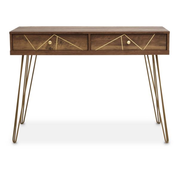 Modern console table featuring two storage drawers and a sleek, clean-lined frame suitable for hallways or living spaces.