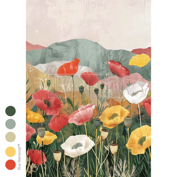Impression of Poppies decoupage paper featuring vibrant red poppies with soft painterly brushstrokes.