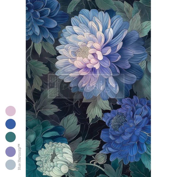 Vintage-inspired Moonlit Periwinkle decoupage sheet with romantic purple blossoms and faded botanical background.