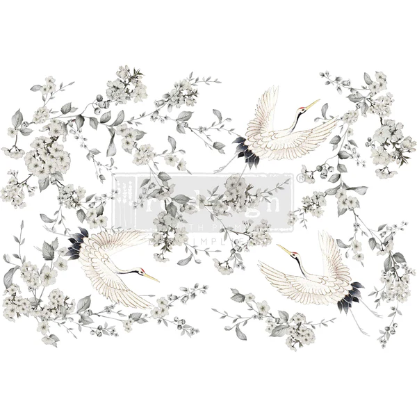 Silver Wings decoupage paper set 24x35 inches cut into 4 sheets with cranes and floral branches in soft neutral tones for furniture upcycling and wall art.