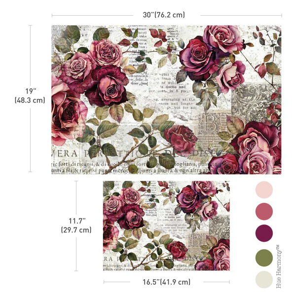 Decoupage fiber paper featuring deep crimson floral design with rich, layered textures.