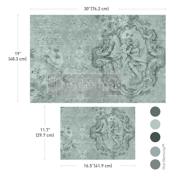 Decoupage fiber paper featuring cherubs, delicate florals, and vintage script in soft sage and neutral tones.