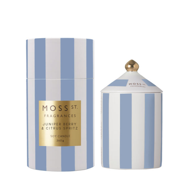 Juniper Berry & Citrus Spritz ceramic candle 100g in a striped ceramic vessel with refreshing citrus fragrance.