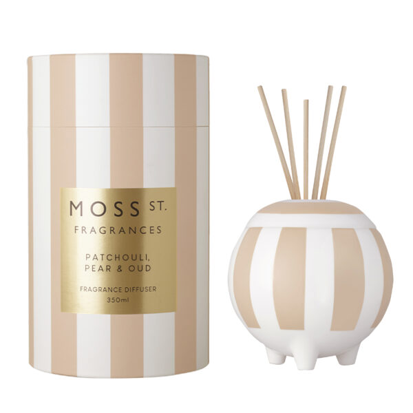 Patchouli, Pear & Oud ceramic diffuser 350ml with striped vessel and fragrance reeds for luxury home scenting.