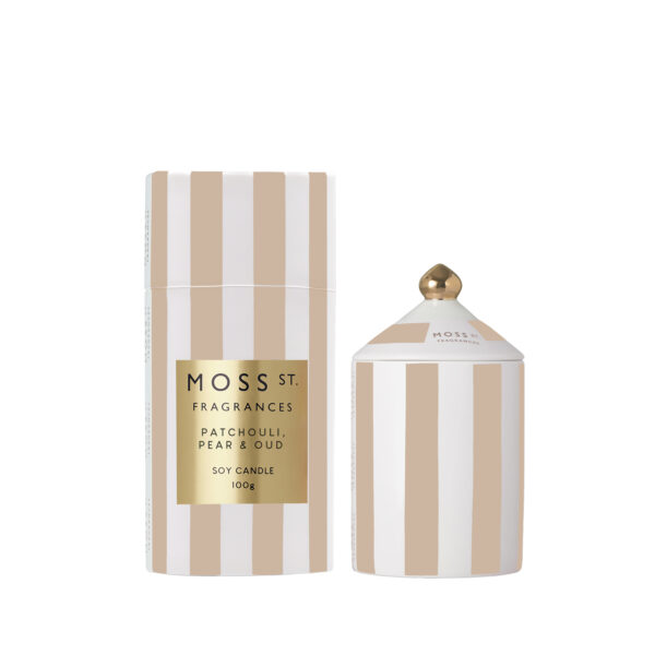 Patchouli, Pear & Oud ceramic candle in a striped decorative vessel, 100g luxury home fragrance candle for modern interiors.