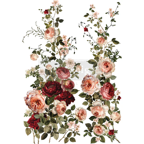 Large decor transfer sheet with bold crimson flowers and romantic vintage-inspired style.