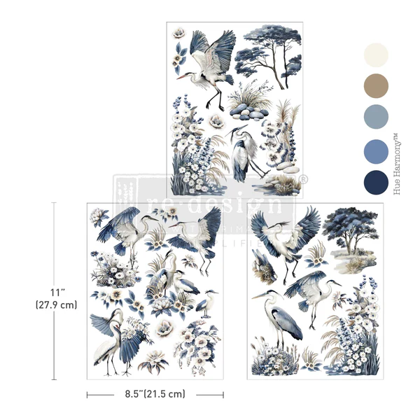 Decorative furniture panel featuring “Whispers by the Marsh” Middy Transfer with soft botanical reeds and flying birds in muted, natural tones.