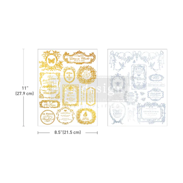 Éclat Du Matin H2O Transfers Gold and Silver decor transfer with elegant metallic vintage floral detailing for furniture and DIY décor projects.